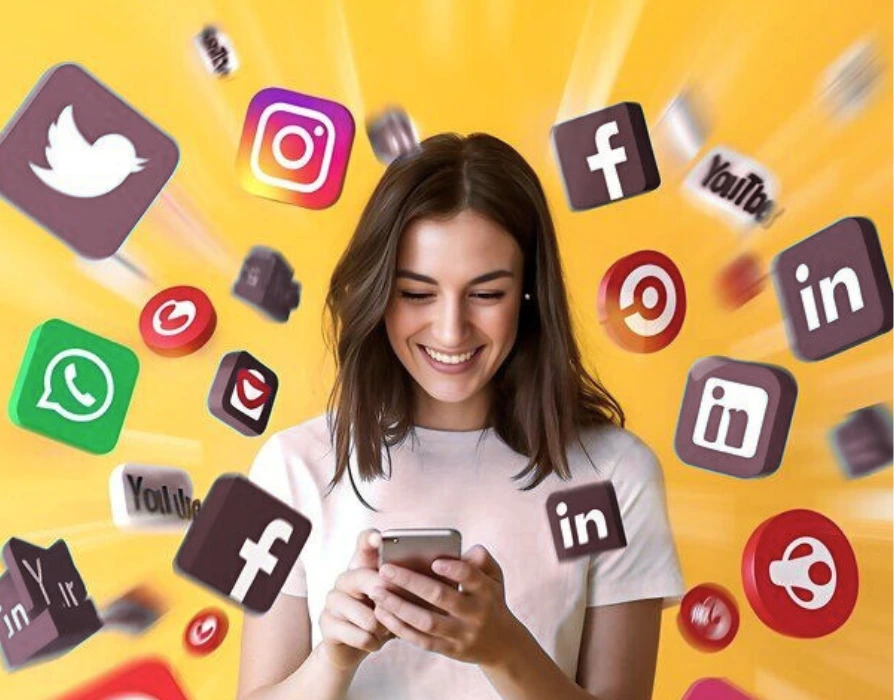 Woman on phone with social media icons like a best freelance digital marketer.