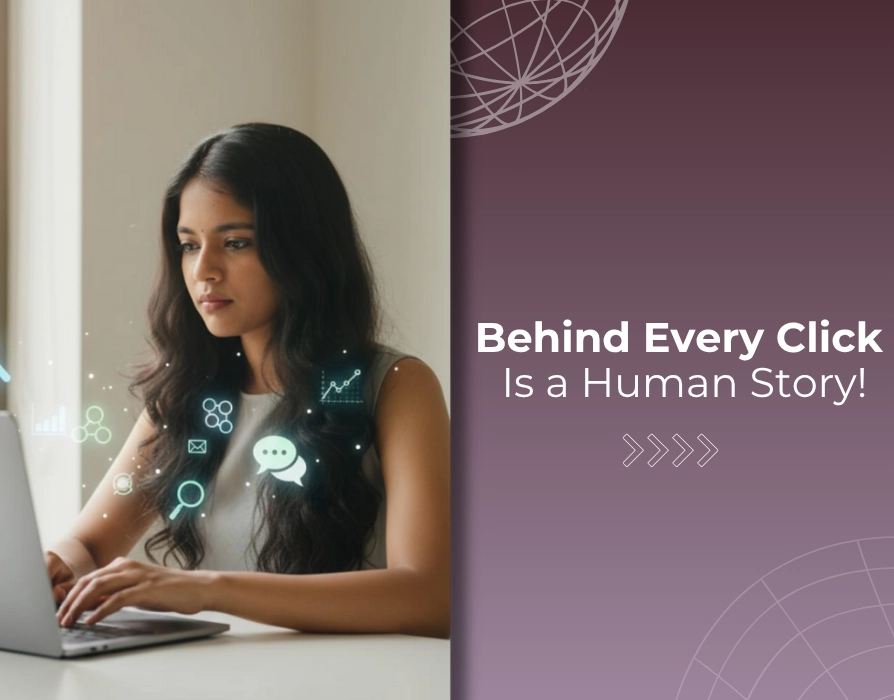 best freelance digital marketer in Palakkad working on a laptop with digital icons and text Behind Every Click Is a Human Story